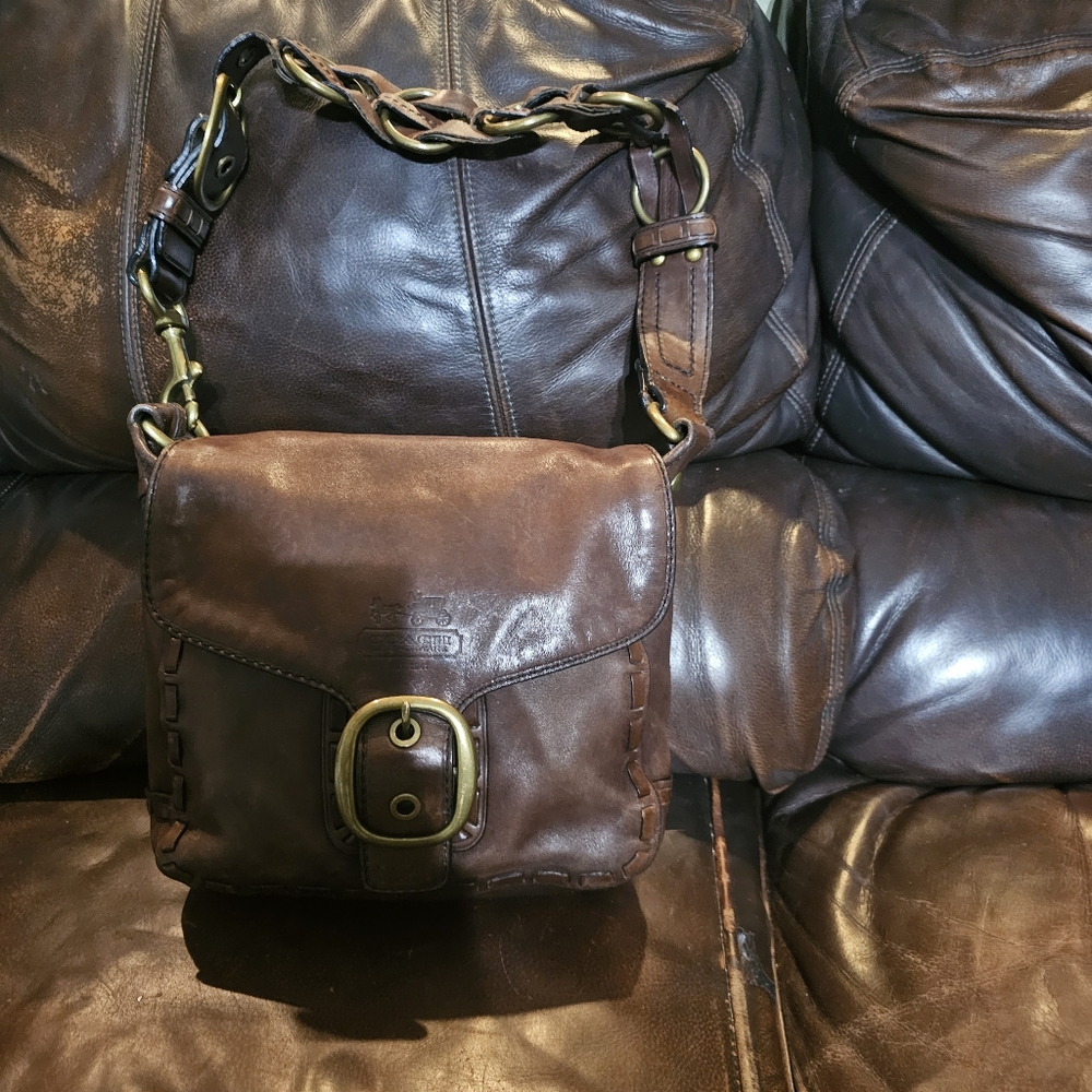 Coach Bleeker Tattersall Laced Duffle Leather Brown Heavy Flap Braided
